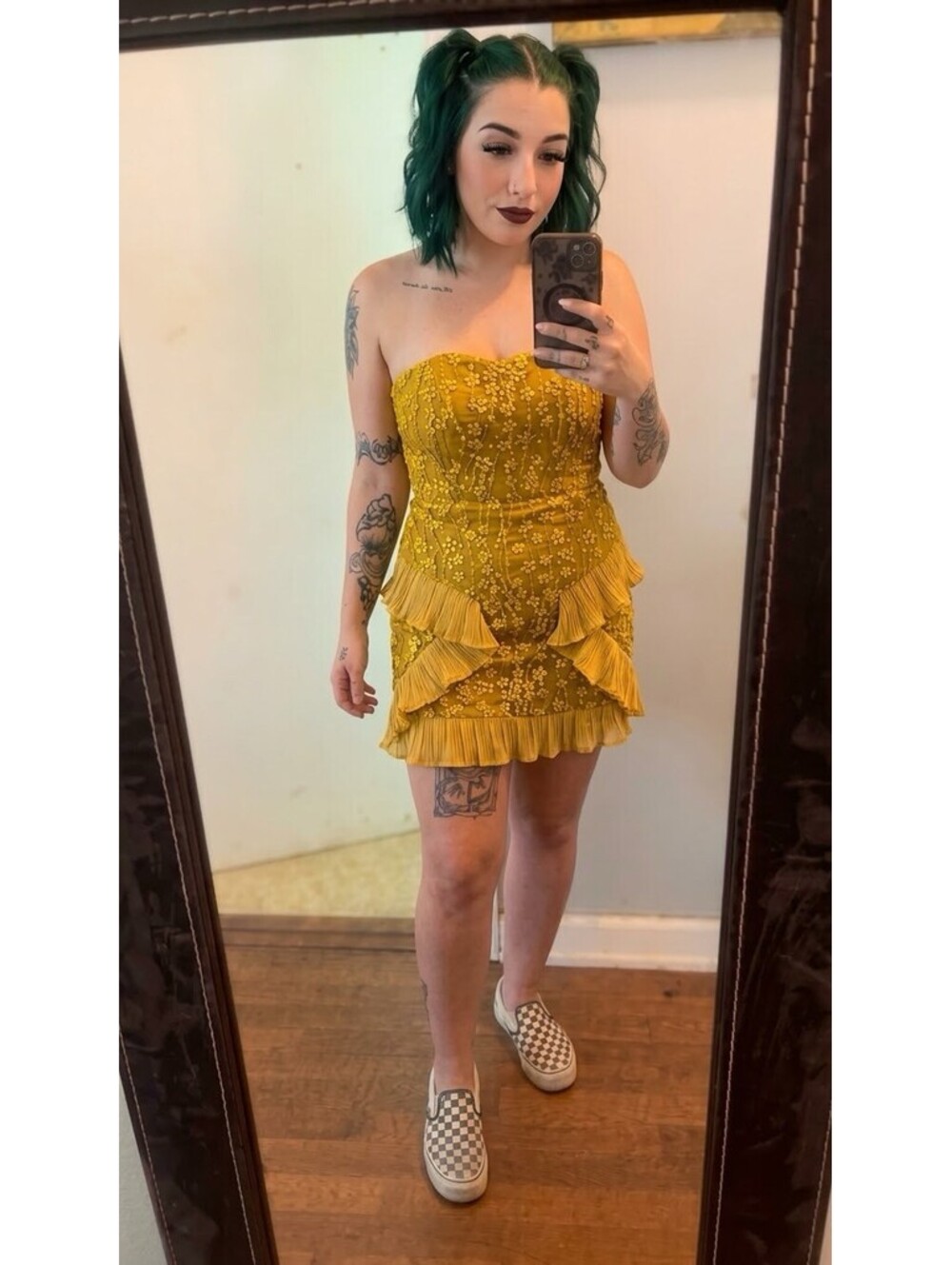 Angel Biba Mustard Yellow Embroidered Mini Ruffle Dress Size 8